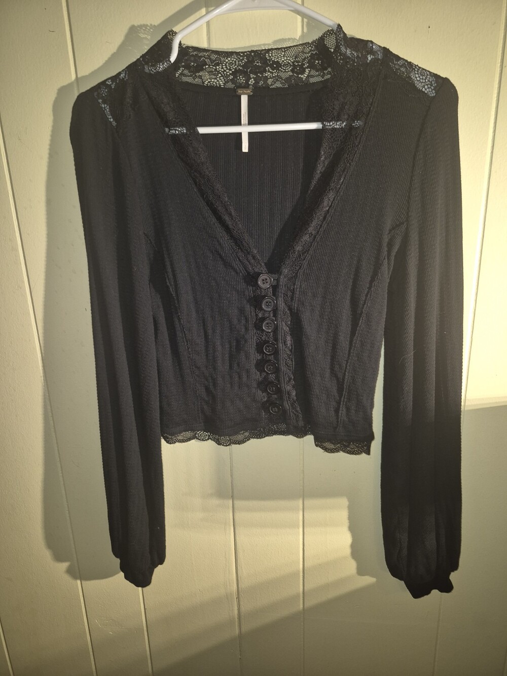 Free People Run With Me Cardigan Black Lace Trim Cropped Ribbed Top Size S